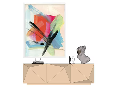 Vibrant Abstract Painting On Wall Above Geometric Cabinet With Decorative Sculpture 3d model
