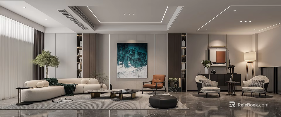 Modern Living Room Interior Design With White Sofa Brown Armchair And Large Teal Painting 3d model 
