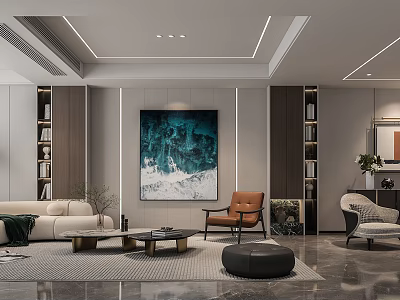 Modern Living Room Interior Design With White Sofa Brown Armchair And Large Teal Painting 3d model