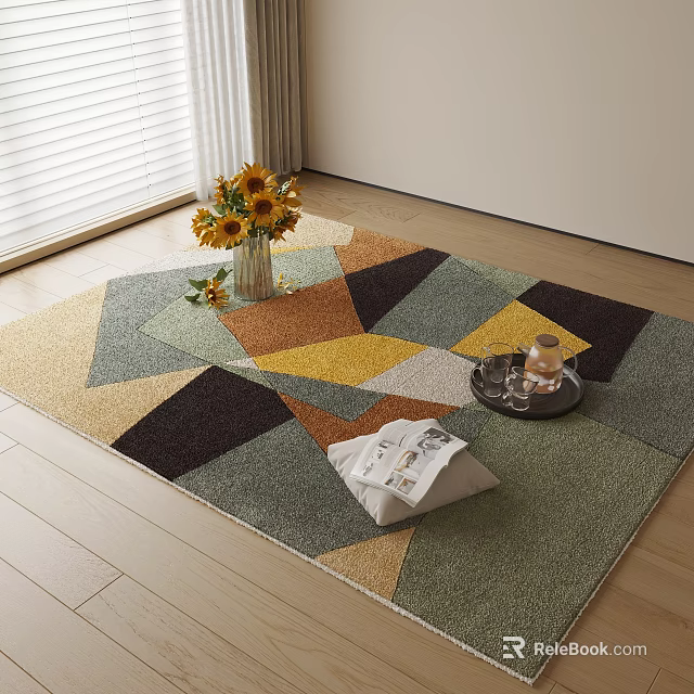 Square Carpet with Geometric Pattern on Wooden Floor with Sunflower Vase Open Magazine and Tray 3d model 