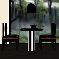Dining Table Set With Round Table Black Frame Chairs Beige Cushions Misty Trees By Window 3d model
