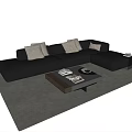 Black Leather Sectional Sofa With White Cushions And Coffee Table Decor 3d model