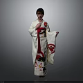 White Kimono With Floral Patterns And Red Obi Worn By Person