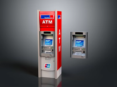 Red And Gray ATM Banking Equipment Standing And Wall Mounted Designs With Digital Screen 3d model