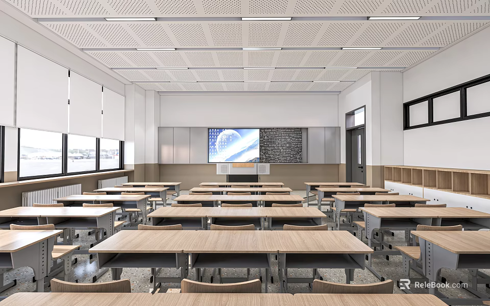 Modern School Classroom With Wooden Desks Digital Screen And Large Windows 3d model 
