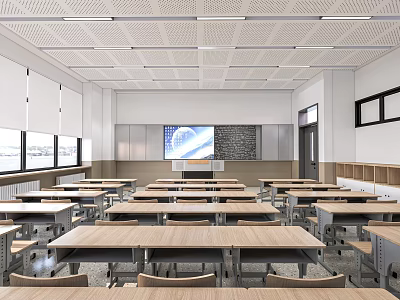 Modern School Classroom With Wooden Desks Digital Screen And Large Windows 3d model