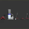 Household Cleaning Equipment Featuring Red Vacuum Cleaners White Purifier And Mops On Reflective Gray Surface