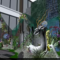 Floral Installation With Woman In White Dress Green Marble Waterfall Colorful Flowers And Curved Arch