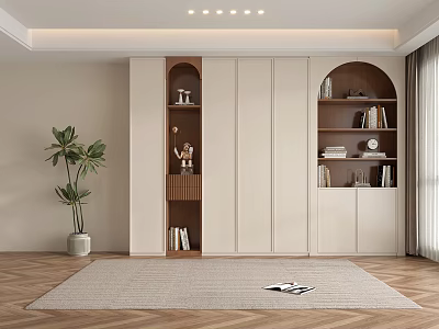 Modern Bookcase Design With White And Brown Arched Shelves Green Plant And Rug 3d model