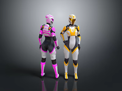 Two Female Characters in Sleek Pink Black and Yellow White Futuristic Costumes Back View 3d model