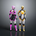 Two Female Characters in Sleek Pink Black and Yellow White Futuristic Costumes Back View