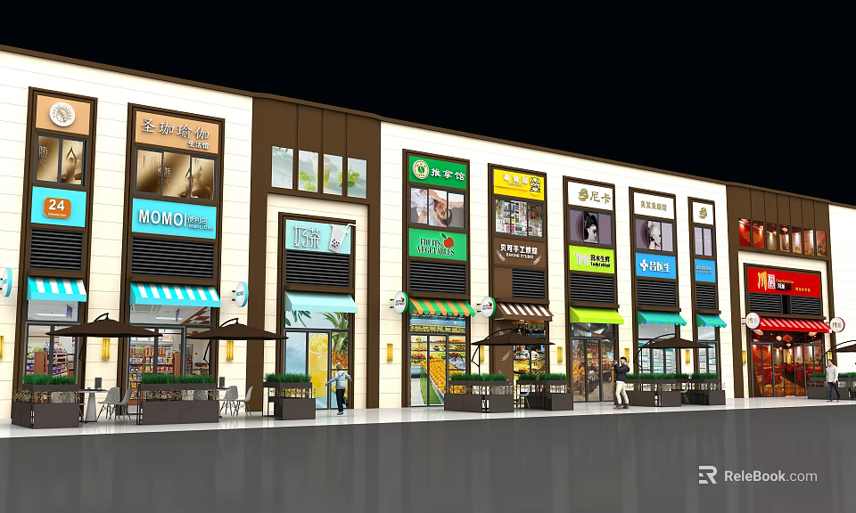 Modern Commercial Street Featuring Retail Storefronts Colorful Signboards And Green Awnings 3d model 