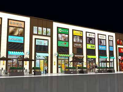 Modern Commercial Street Featuring Retail Storefronts Colorful Signboards And Green Awnings 3d model