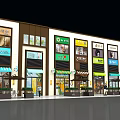 Modern Commercial Street Featuring Retail Storefronts Colorful Signboards And Green Awnings