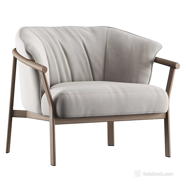 Modern Light Gray Upholstered Leisure Chair with Wooden Frame and Pleated Backrest 3d model 