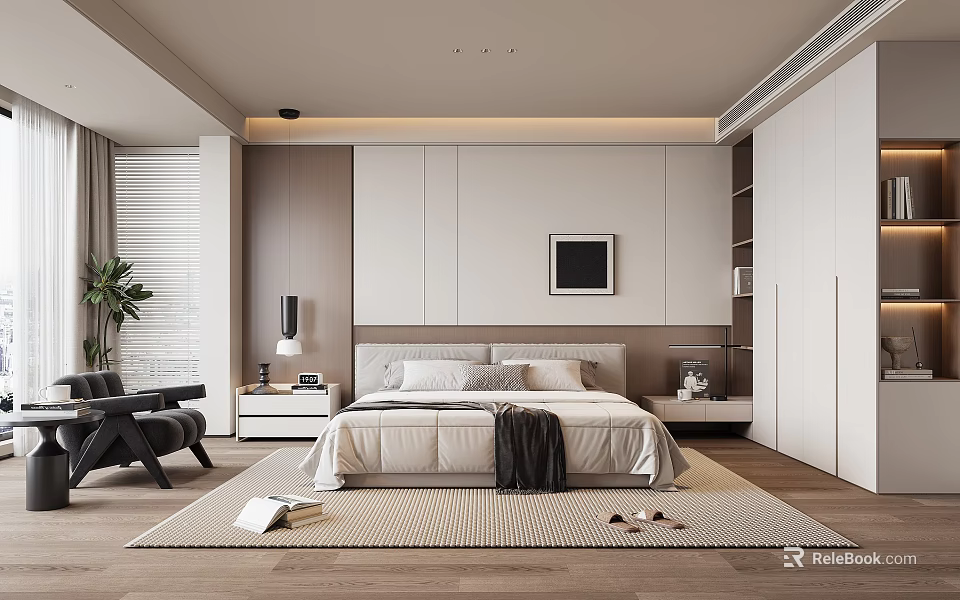 Modern Bedroom Interior Design With Bed Nightstand Lamp Carpet Plant And Wall Art 3d model 