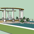 Garden Landscape Design With Circular Pergola White Columns Water Pool Green Trees And Stone Benches