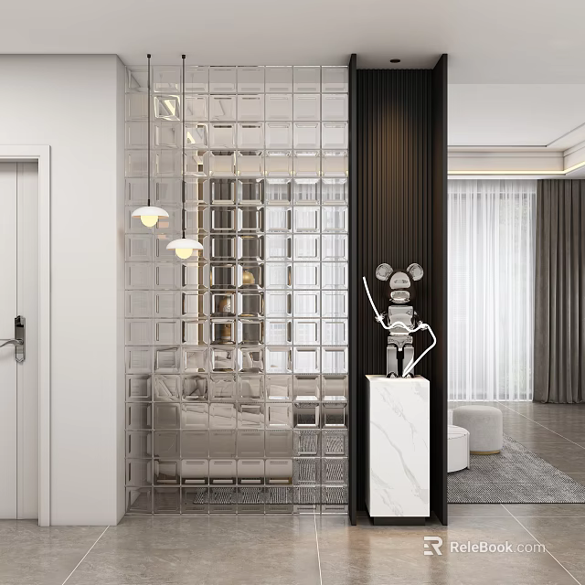 Modern Entryway Hallway Featuring Glass Partition Pendant Lights And Robot Decor On Marble Base 3d model 
