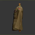 Brown military uniform jacket with epaulettes medals and ribbons pockets and belt on wooden hanger