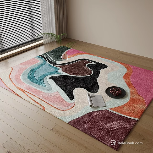 Colorful Abstract Square Area Rug in Living Room With Wooden Floor 3d model 