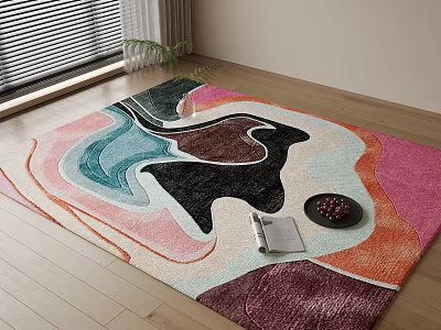 Colorful Abstract Square Area Rug in Living Room With Wooden Floor 3d model