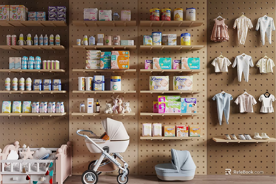 Crib In Baby Nursery With Stroller Hanging Clothes And Organized Product Shelves 3d model 