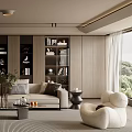 Modern Elegant Living Room Interior With Beige Sofa Wooden Bookshelves Floor Lamp Rug And Curtains