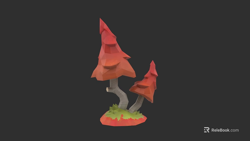 Red Low Poly Arbor Trees With Gray Trunks And Green Grass Base 3d model 