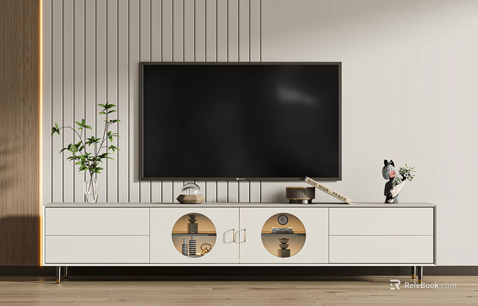 Modern White TV Stand with Glass Doors Green Plant and Bear Figurine on Striped Wall 3d model 