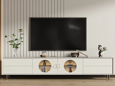 Modern White TV Stand with Glass Doors Green Plant and Bear Figurine on Striped Wall 3d model