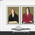 Elegant Portrait Paintings of Two Figures in Black and Red Clothing on Interior Wall