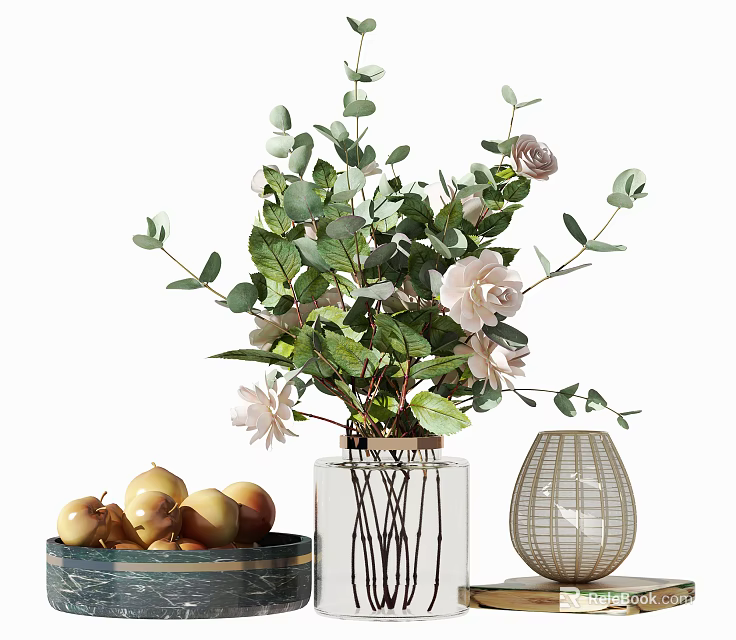 Glass Vase With Pink Roses Eucalyptus Leaves And Decorative Fruits Near Woven Vase 3d model 