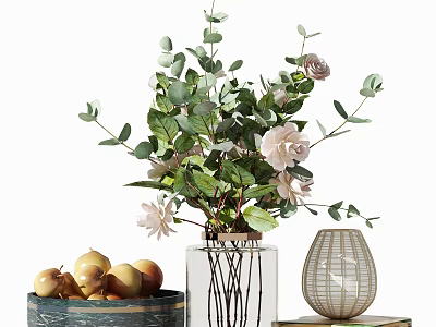 Glass Vase With Pink Roses Eucalyptus Leaves And Decorative Fruits Near Woven Vase 3d model