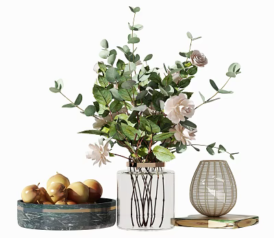 Glass Vase With Pink Roses Eucalyptus Leaves And Decorative Fruits Near Woven Vase 3d model