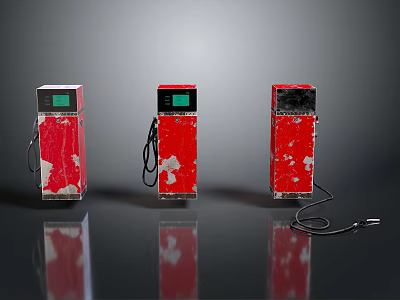 Weathered Red Fuel Pumps With Green Display Screens Black Cables And Gray Background 3d model