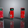 Weathered Red Fuel Pumps With Green Display Screens Black Cables And Gray Background