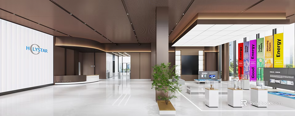 Modern Reception Desk In Lobby With Wooden Walls Marble Floor Green Plant And Lighting Design 3d model 