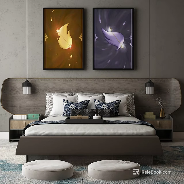 Modern Double Bed with Wooden Headboard Golden Purple Paintings and Side Nightstands 3d model 