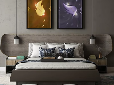 Modern Double Bed with Wooden Headboard Golden Purple Paintings and Side Nightstands 3d model