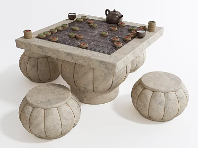 Stone Outdoor Table With Round Stools And Tea Set On Chessboard Surface 3d model