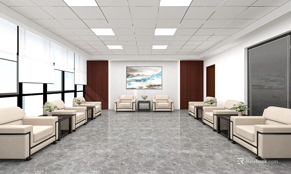 Modern Reception Area Interior With Comfortable Sofas Coffee Tables Decorative Painting And Bright Windows 3d model