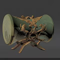 Green Cylindrical Weapon Adorned With Golden Animal Patterns On Branched Stand Base