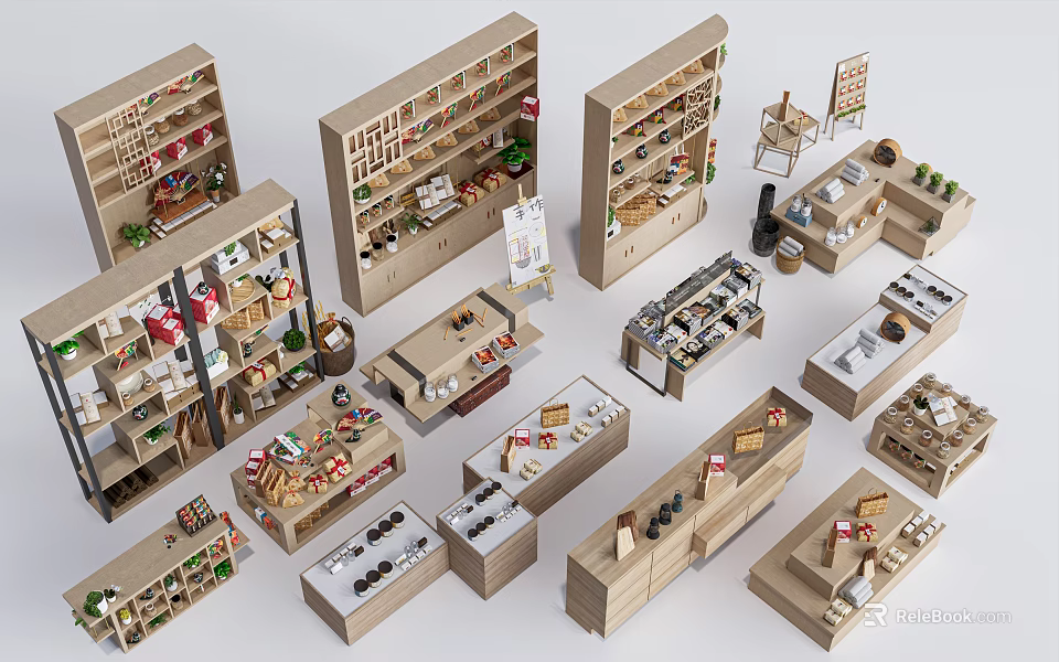 Various Wooden Display Shelves With Multi Tiered Designs For Retail Showcase Layouts 3d model 
