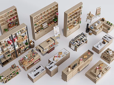 Various Wooden Display Shelves With Multi Tiered Designs For Retail Showcase Layouts 3d model