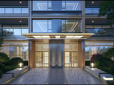 Modern Entrance Gate Design With Illuminated Canopy Textured Stone Floor And Landscaped Greenery 3d model