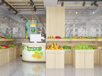 Bright Fruit Store Interior With Wooden Shelves And Assorted Fresh Fruits 3d model