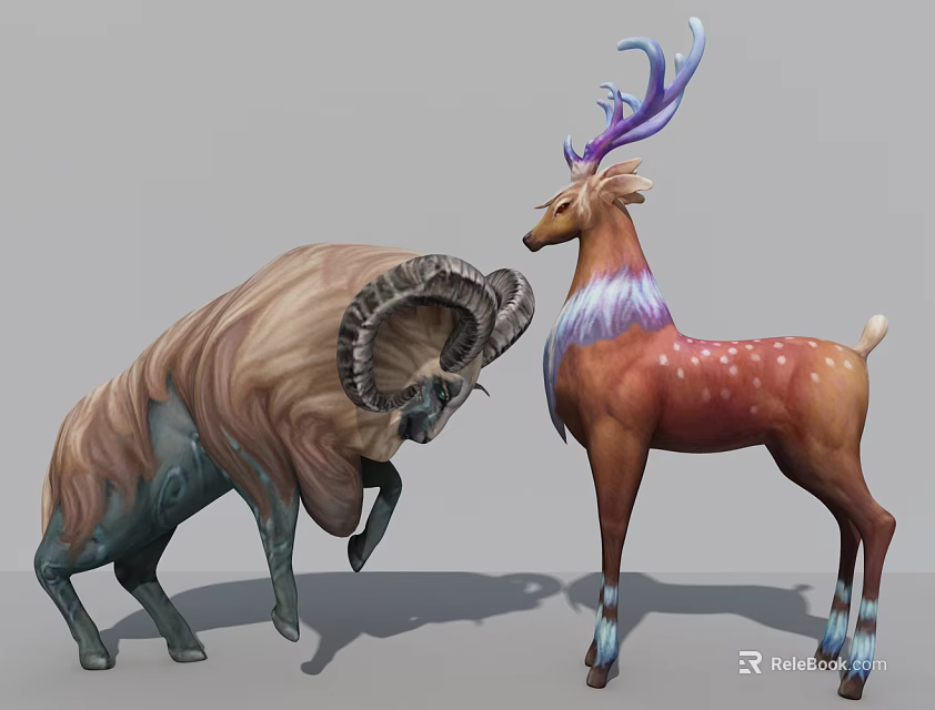 Mythical Fantasy Game Movie Characters Horned Beast Fluffy Fur And Colorful Deer Purple Antlers 3d model 