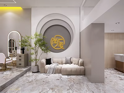 Modern Beauty Salon Interior Design With Round Decorative Wall Comfortable Sofa Green Plants And Mirrors 3d model