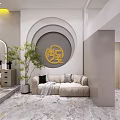 Modern Beauty Salon Interior Design With Round Decorative Wall Comfortable Sofa Green Plants And Mirrors
