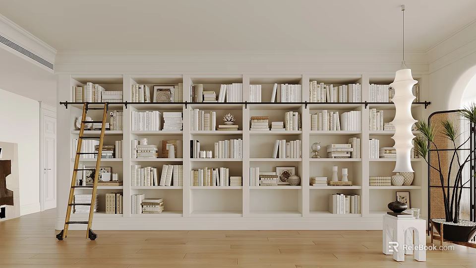 Modern White Bookcase with Books and Decorative Items and Wooden Ladder in Bright Room 3d model 